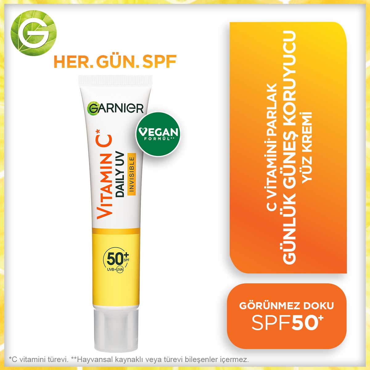 Garnier C Vitamini Parlak Günlük UV Korumalı Güneş Yüz Kremi Görünmez Doku SPF50+ 40ml