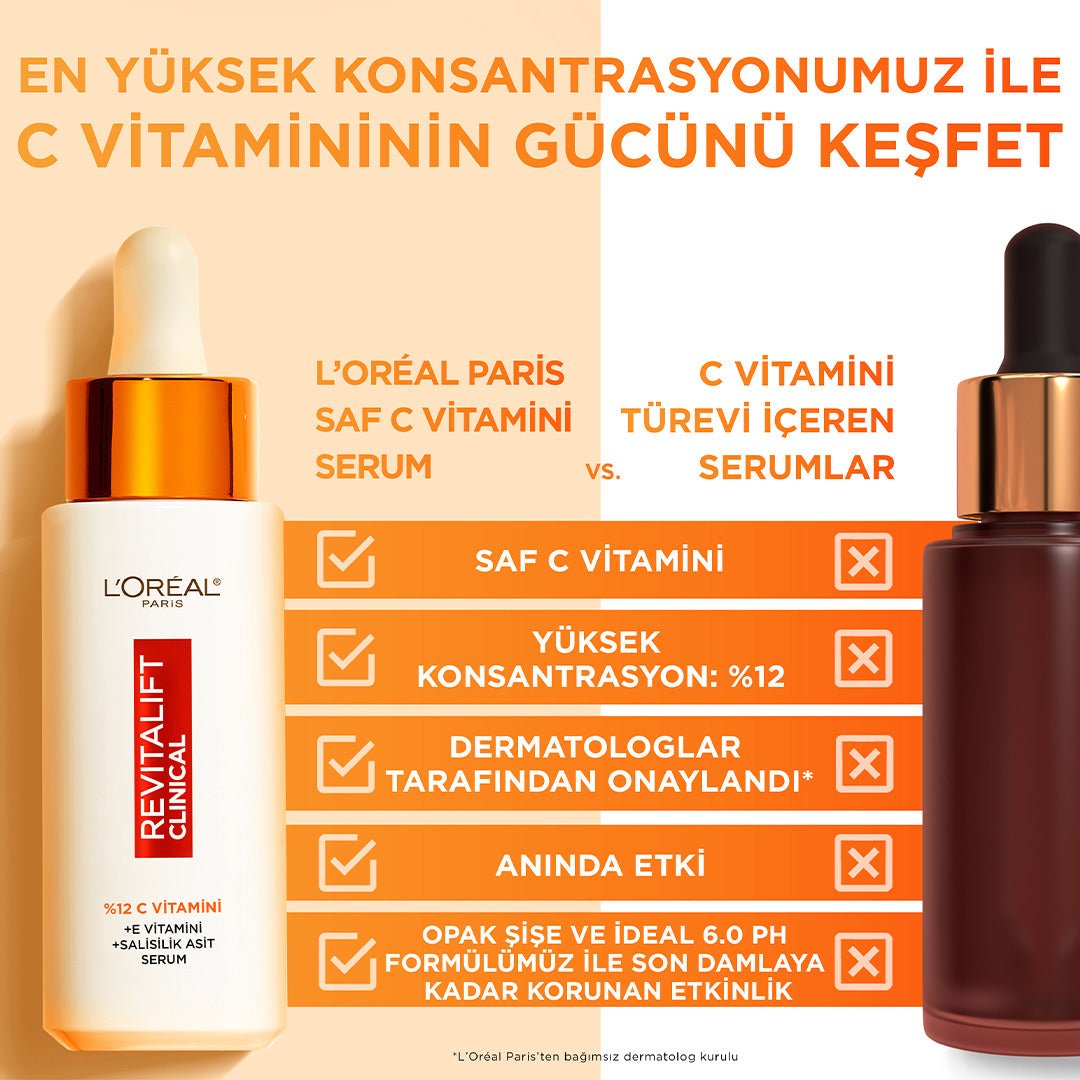 Loreal Paris Revitalift Clinical %12 Saf C Vitamini Aydınlatıcı, Ton Eşitleyici, Gözenek Karşıtı Serum 30 ml