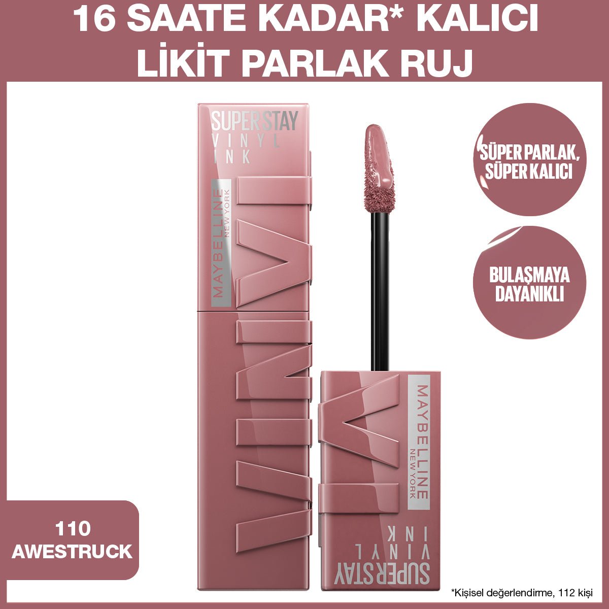 Maybelline New York Super Stay Vinyl Ink Uzun Süre Kalıcı Likit Parlak Ruj 110 Awestruck