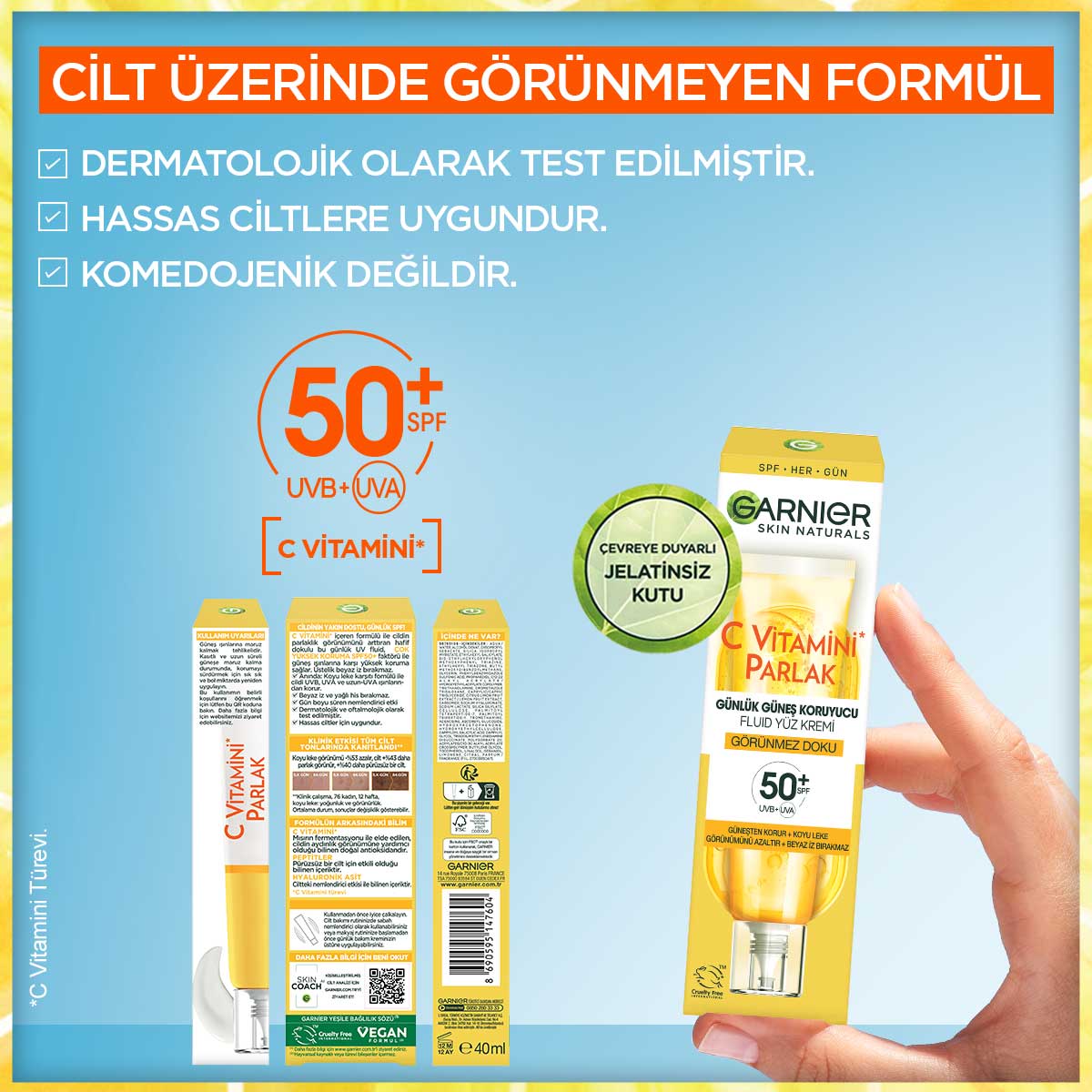 Garnier C Vitamini Parlak Günlük UV Korumalı Güneş Yüz Kremi Görünmez Doku SPF50+ 40ml