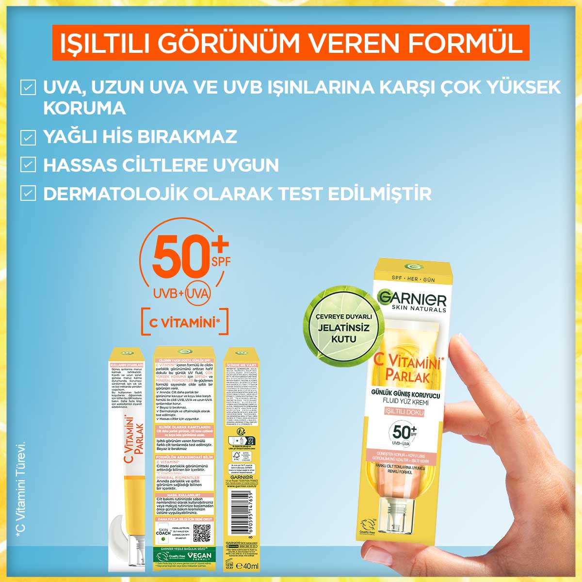 Garnier C Vitamini Parlak Günlük UV Korumalı Güneş Yüz Kremi Işıltılı Doku SPF50+ 40ml