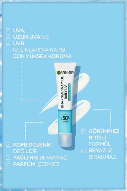 Garnier Saf ve Temiz BHA Niasinamid Günlük Güneş Koruyucu Fluid Yüz Kremi SPF50+ 40ml