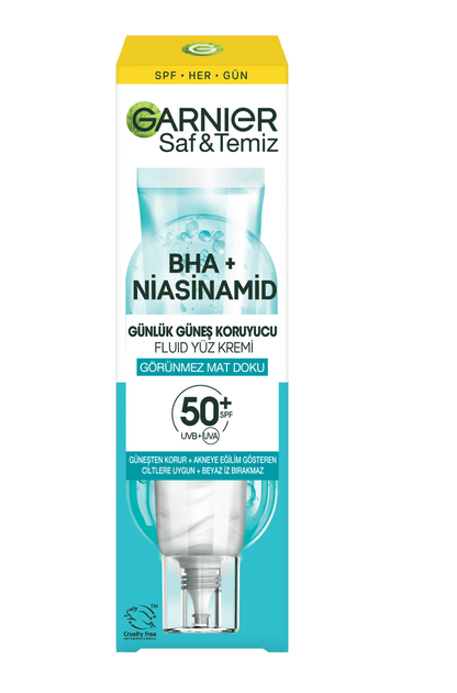 Garnier Saf ve Temiz BHA Niasinamid Günlük Güneş Koruyucu Fluid Yüz Kremi SPF50+ 40ml