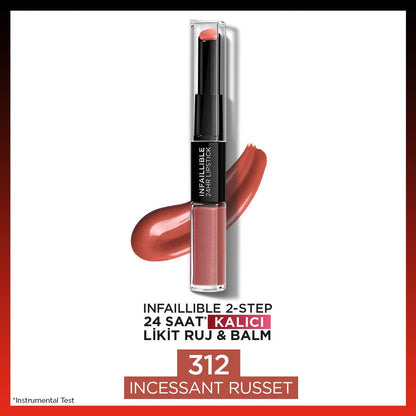 Loreal Paris Infaillible 2-Step 24 Saat Kalıcı Likit Ruj &amp; Balm - 312 Incessant Russet
